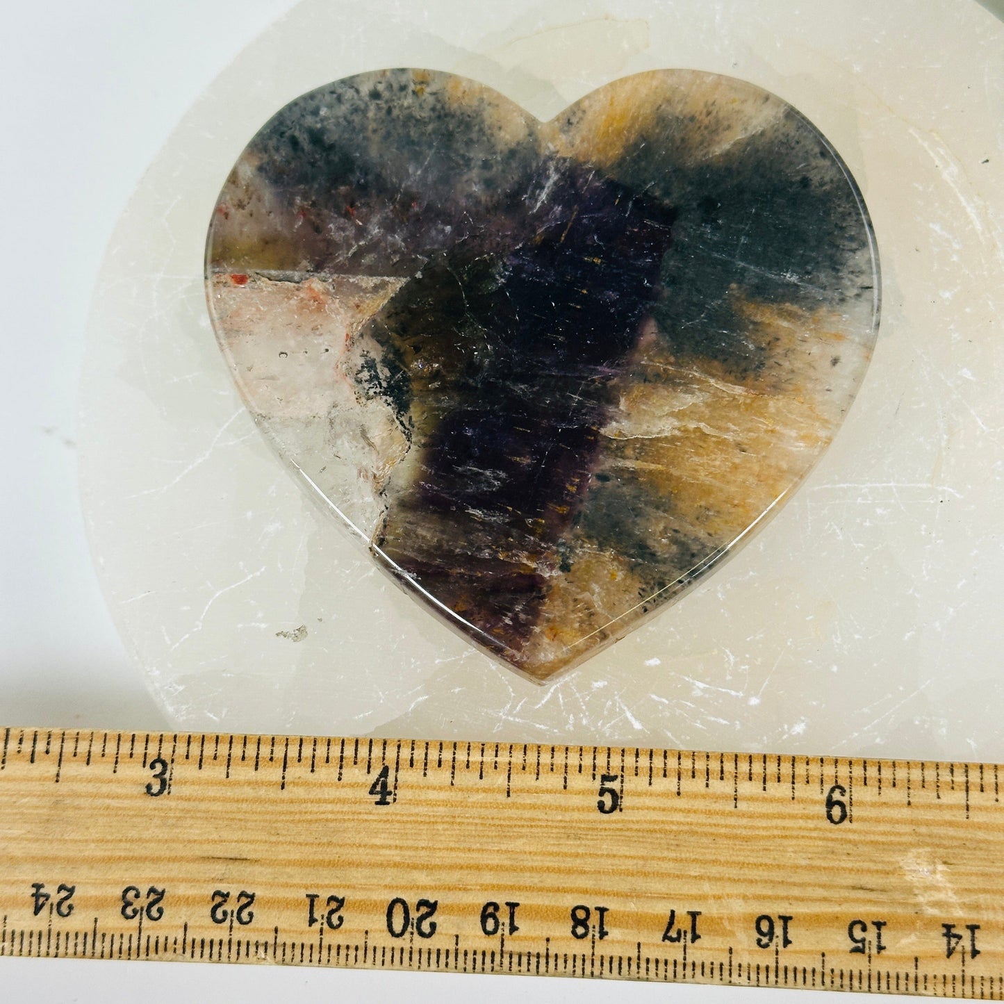 Super Seven Polished Crystal Heart Slice - One-of-a-Kind with ruler for size reference