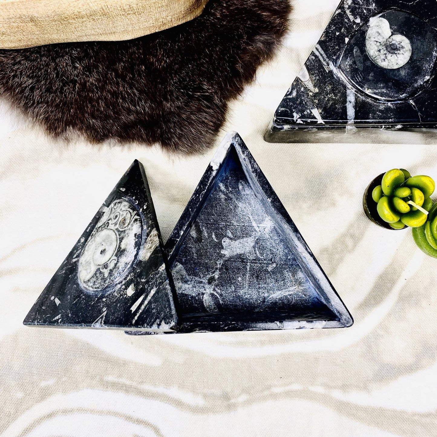 Aerial view of Orthoceras Ammonite Triangle Box, opened with lid resting up against it.