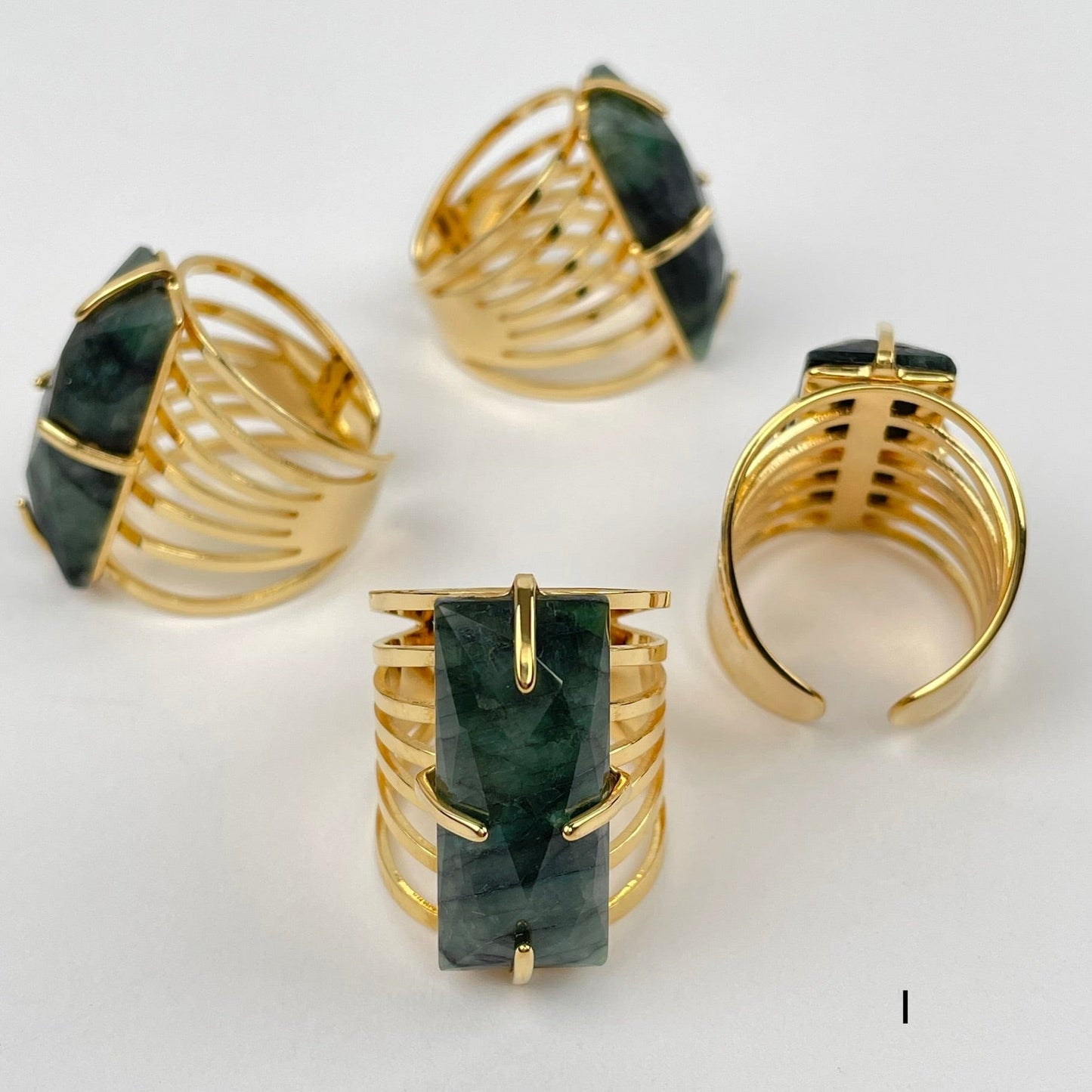 Rectangle Gemstone Cigar Band Ring - Gold Plated Adjustable Statement Ring