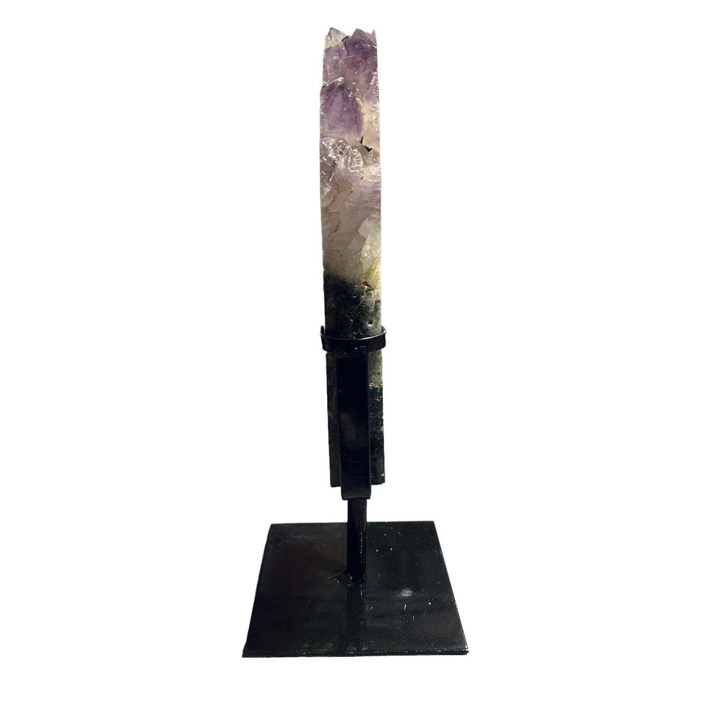 amethyst with jasper on metal stand on white background