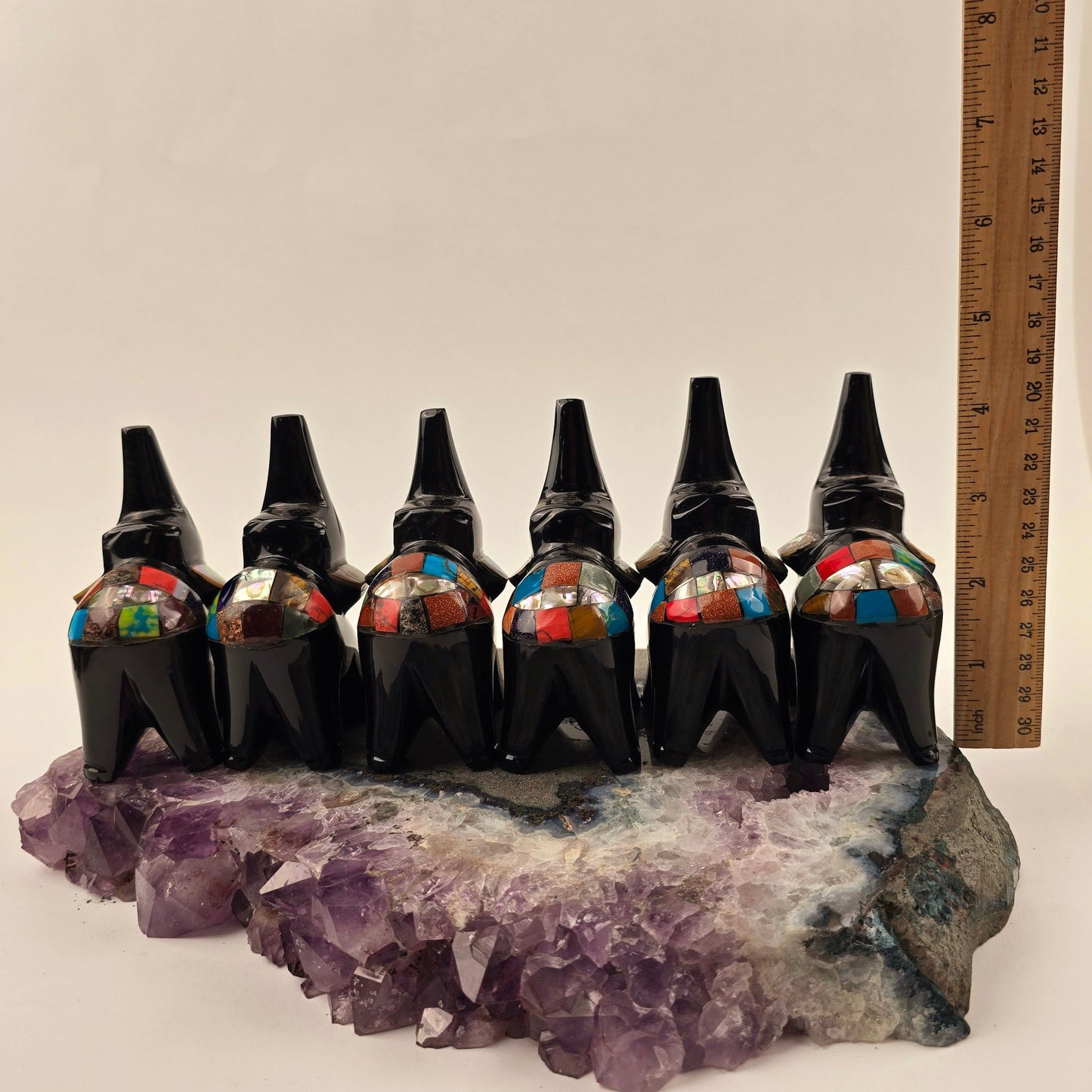 Black Onyx Elephant with Shell and Gemstone Inlays - Carved Stone - YOU CHOOSE all variants with ruler for size reference