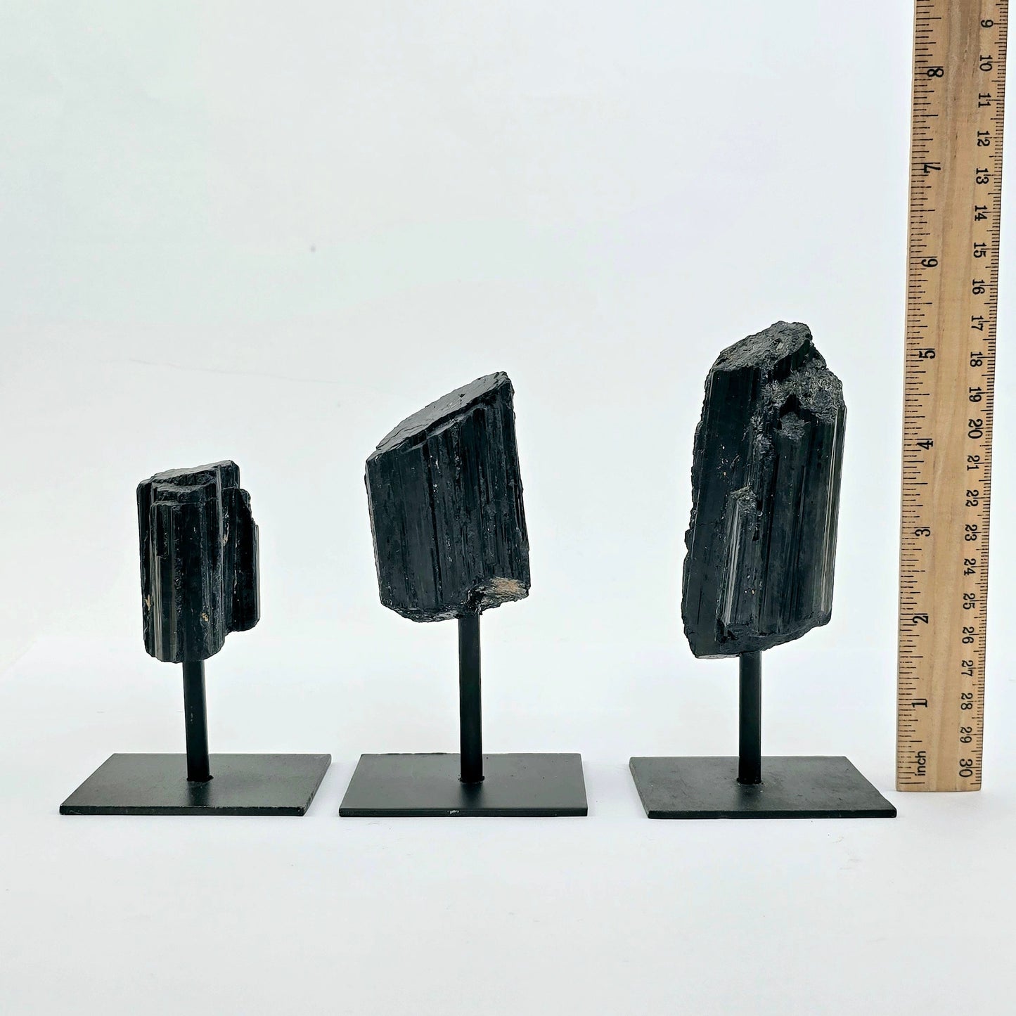 Black Tourmaline Crystal on Metal Stand - 3 different ones with ruler for size reference