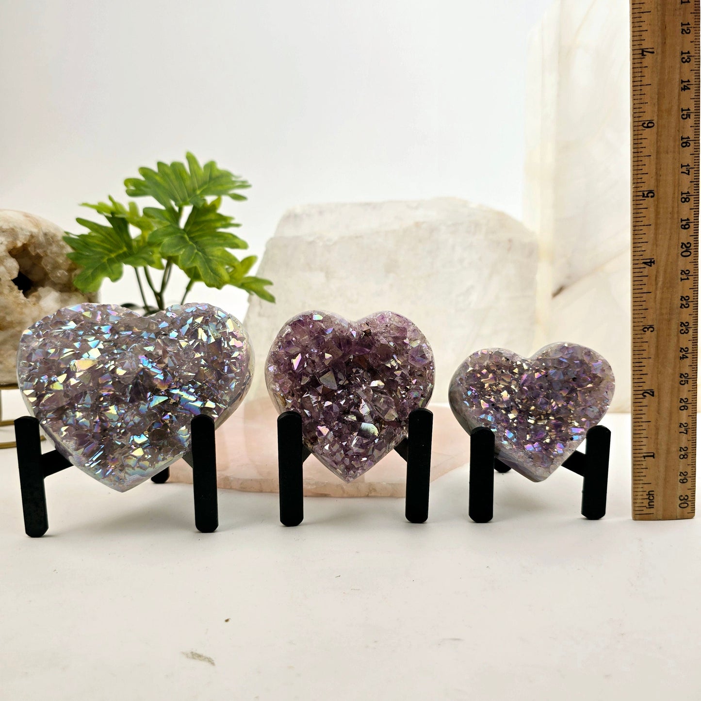 Angel Aura Amethyst Crystal Heart on Metal Tripod Stand with ruler for size reference