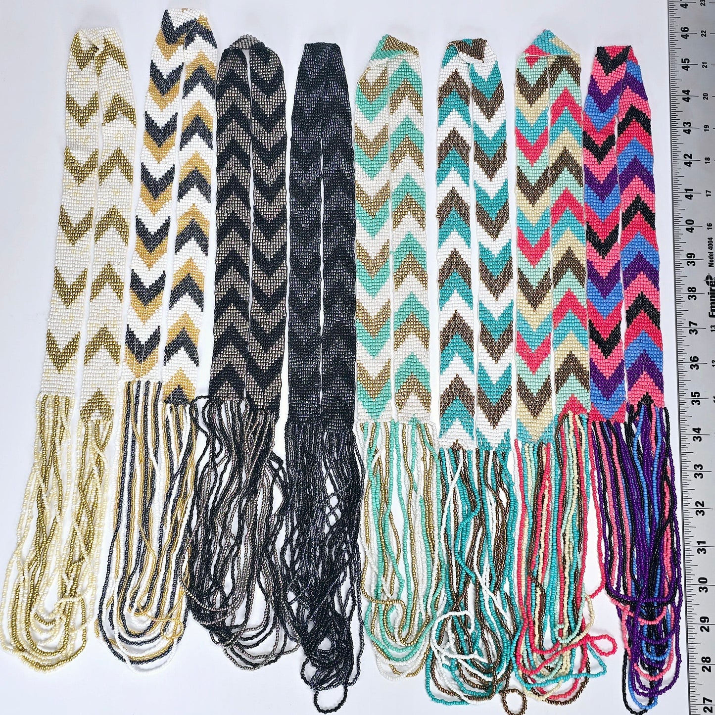 Seed Bead Necklace - Layered Multi Strand with Woven Chevron Pattern - You Choose Style all variants flat with ruler for size reference
