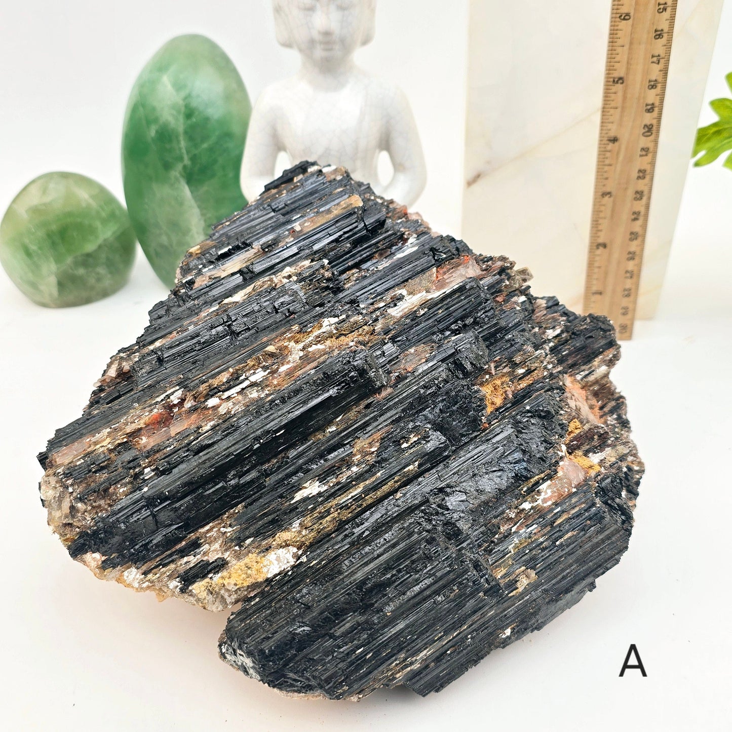 Black Tourmaline with Mica - Large Rough Crystal Cluster - You Choose variant A labeled with ruler for size reference