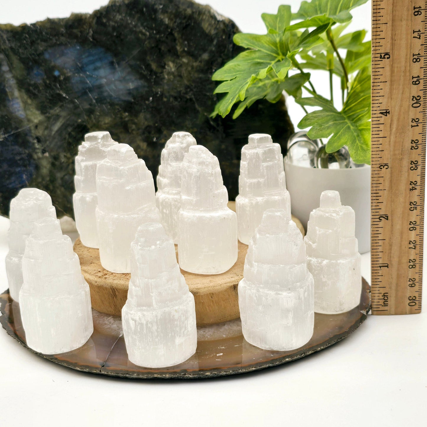 Petite Raw Selenite Crystal Tower - Pack of 10 - Bulk Crystals with ruler for size reference