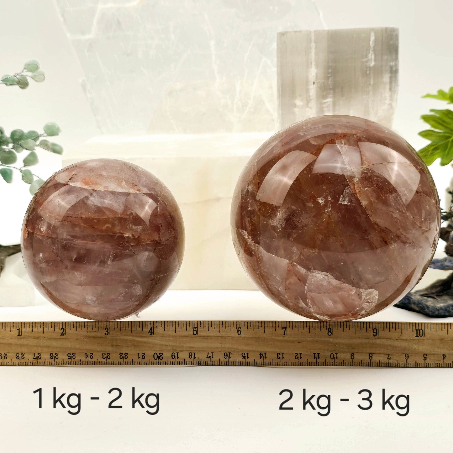 Guava Quartz Polished Crystal Sphere - By Weight variant 1 kg - 2 kg and 2kg - 3 kg labeled with ruler for size reference