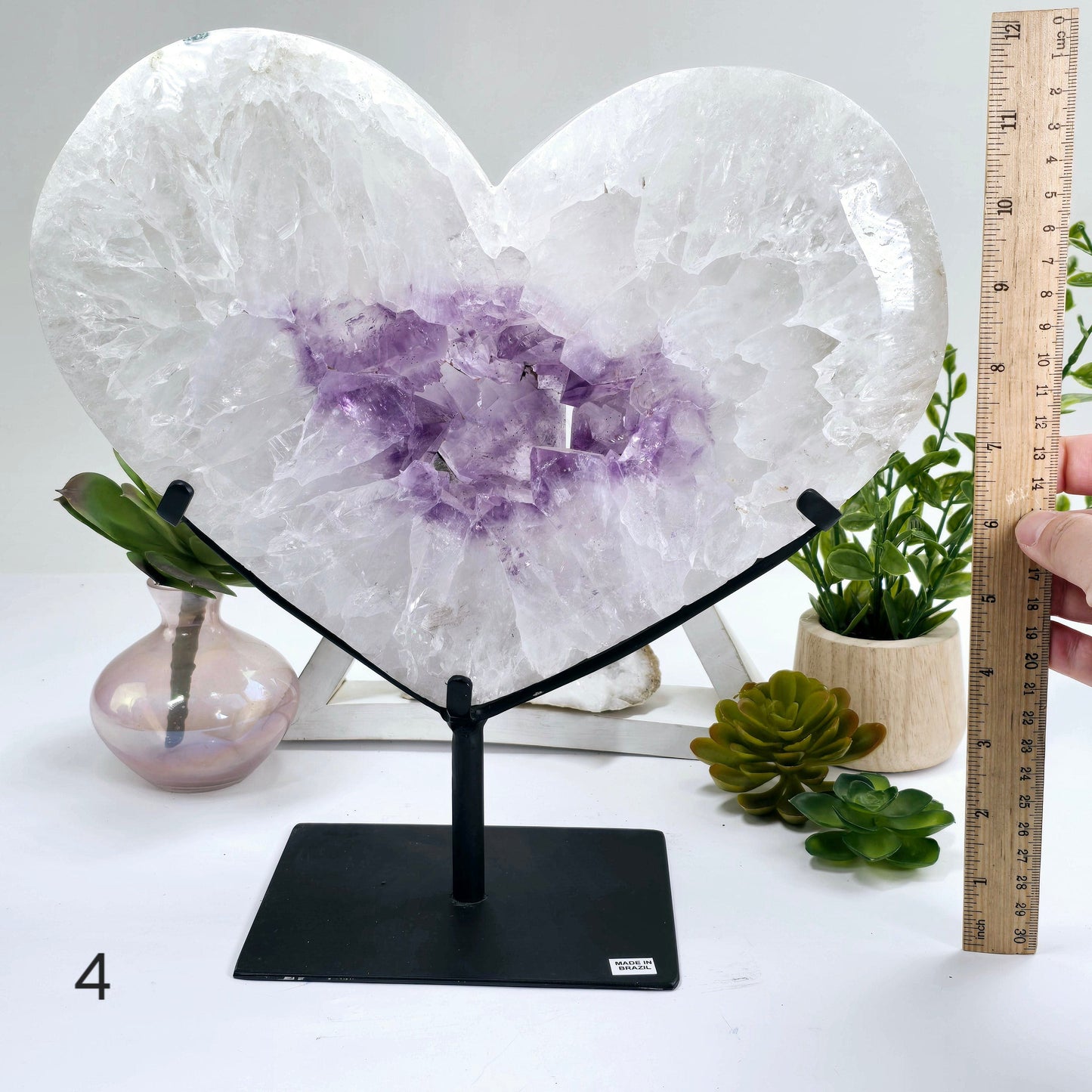 Amethyst Large Crystal Heart on Stand - You Choose #1 variant 4 labeled with hand and ruler for size reference