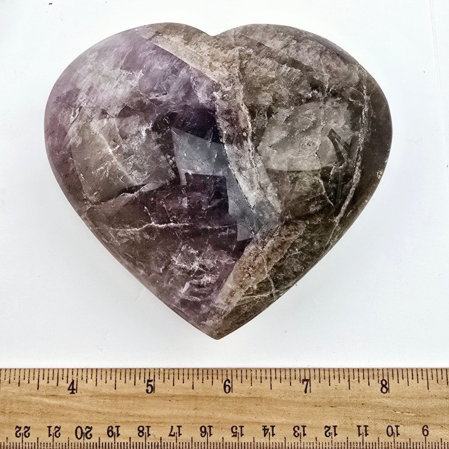 Super Seven Polished Crystal Heart - One-of-a-Kind #1 front view top view with ruler for size reference