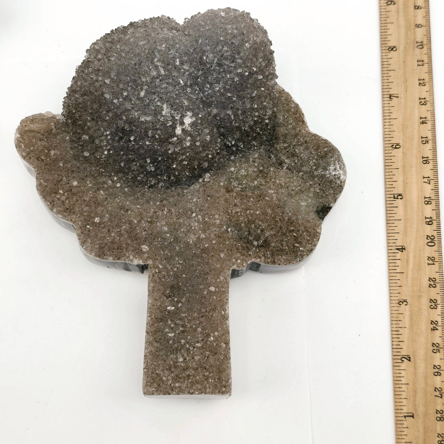 Gray Amethyst Crystal Cluster Tree Carving - One-of-a-Kind top front view with ruler for size reference