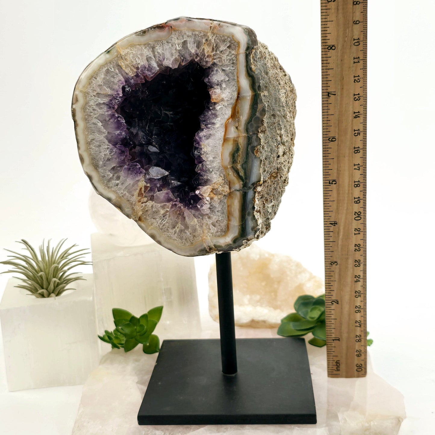 Amethyst Crystal Geode on Metal Stand - One-of-a-Kind #1 front view with ruler for size reference