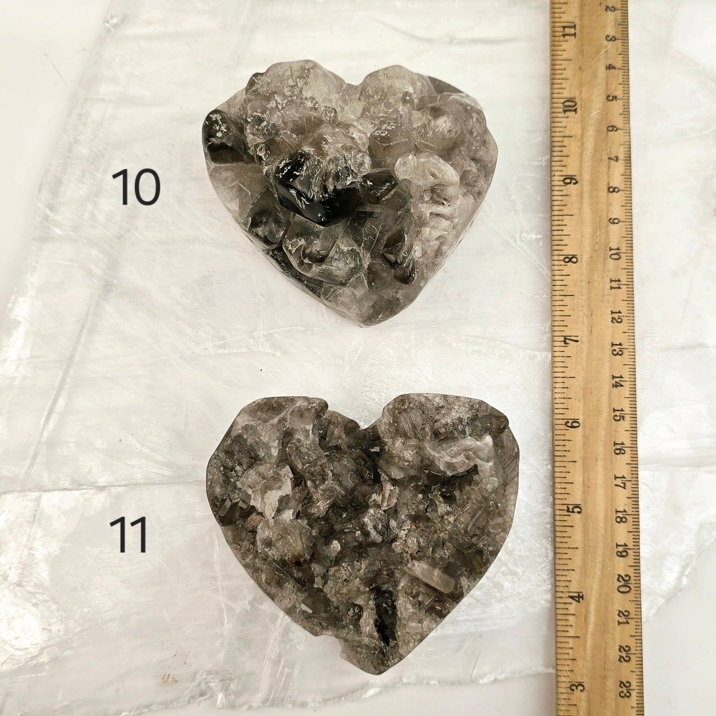 Smokey Quartz Polished Crystal Cluster Heart - You Choose variants 10 and 11 labeled with ruler for size reference