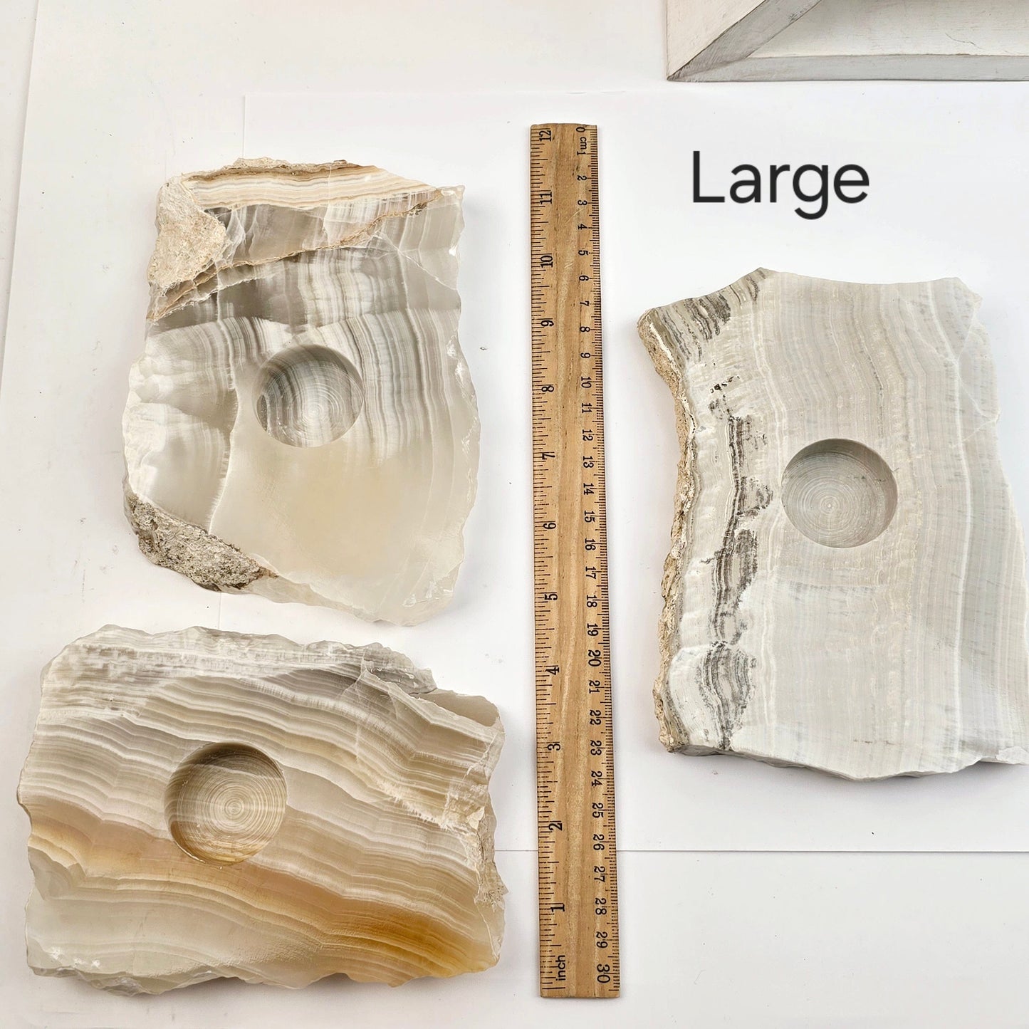 Grey Travertine Calcite - Grey Onyx - Crystal Candle Holder - By Size Large variant labeled with ruler for size reference