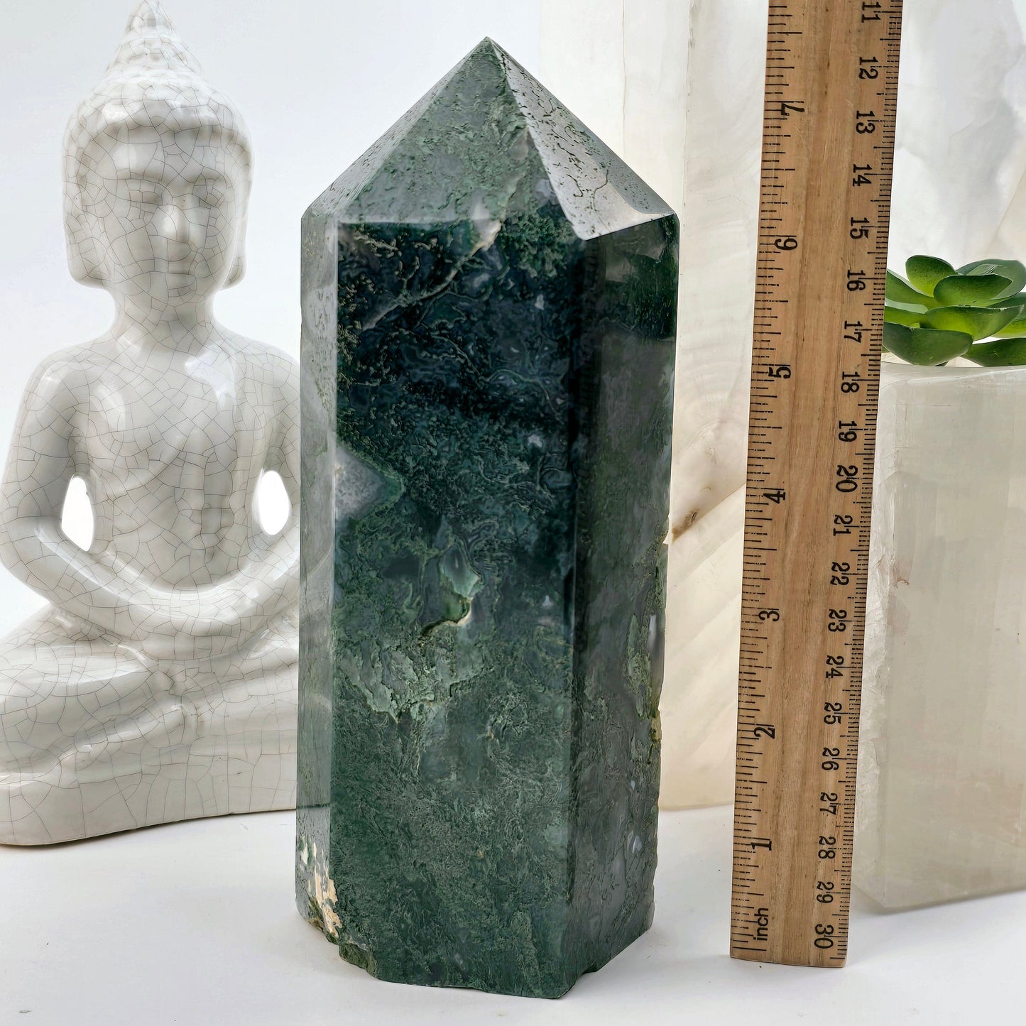 Moss Agate Crystal Obelisk - One-of-a-Kind front view with ruler for size reference