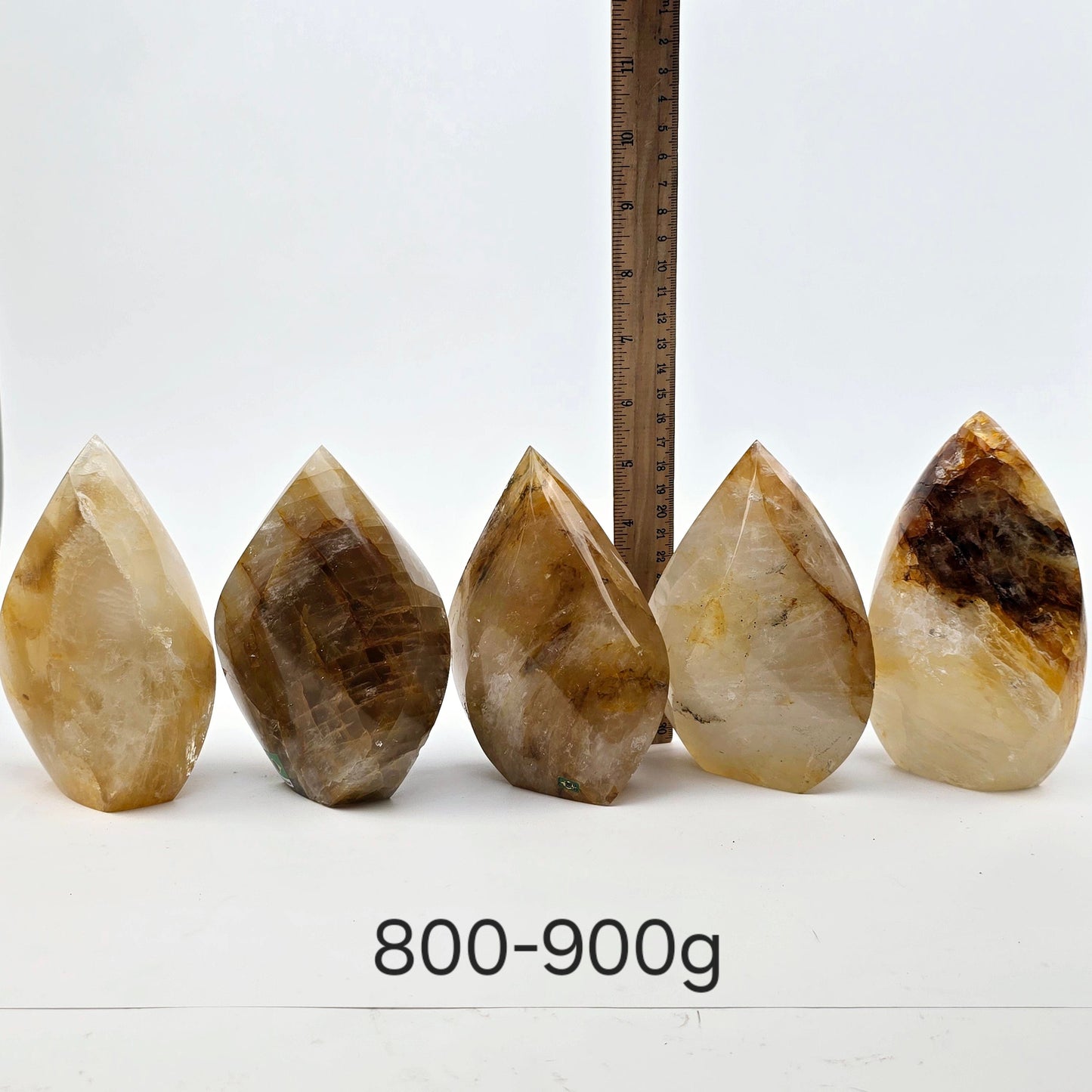 Golden Healer Crystal Flame Point Cut Base - By Weight 800-900g variant labeled with ruler for size reference