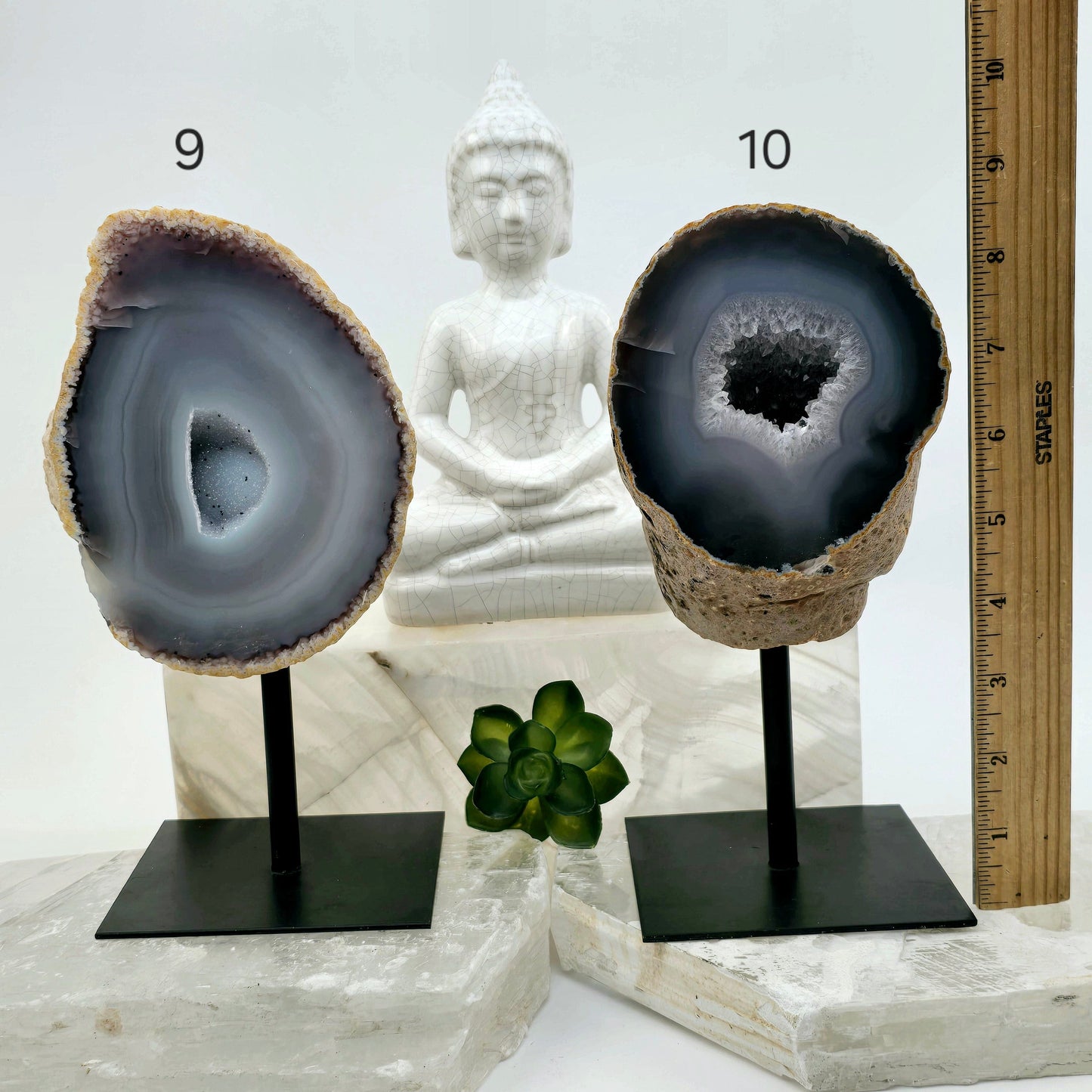 Agate Natural Crystal Geode Half on Stand - You Choose #2 variants 9 and 10 labeled with ruler for size reference