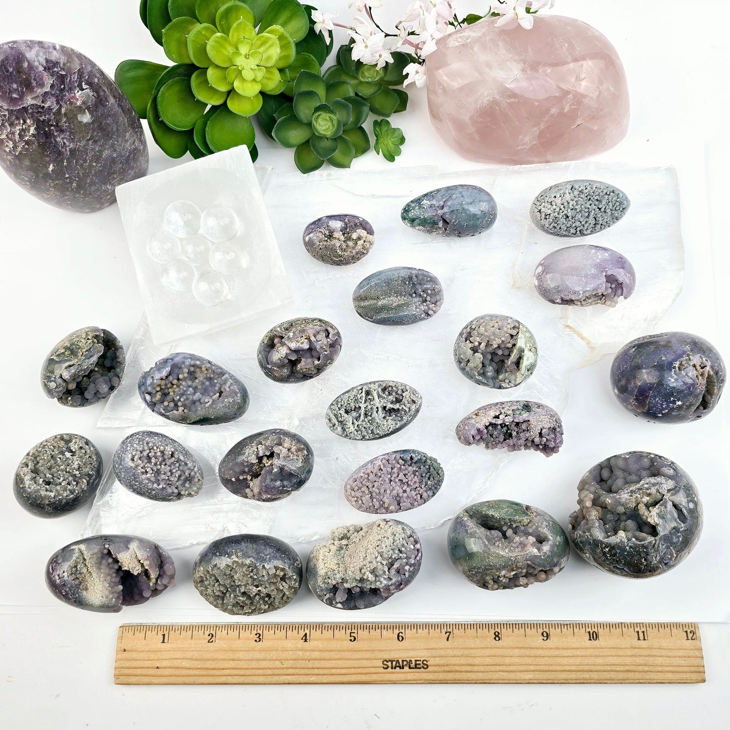Grape Agate Polished Crystal Egg from Indonesia - You Choose #1 all variants with ruler for size reference