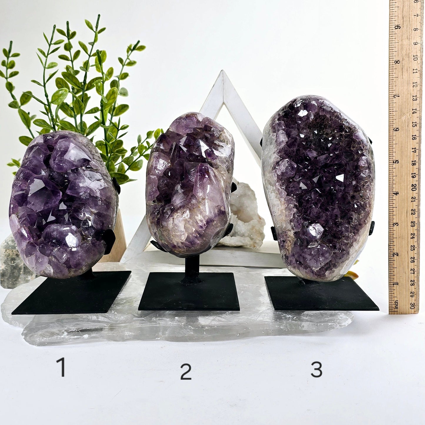 Amethyst Crystal Cluster on Metal Stand from Uruguay - You Choose #2 all variants labeled with ruler for size reference