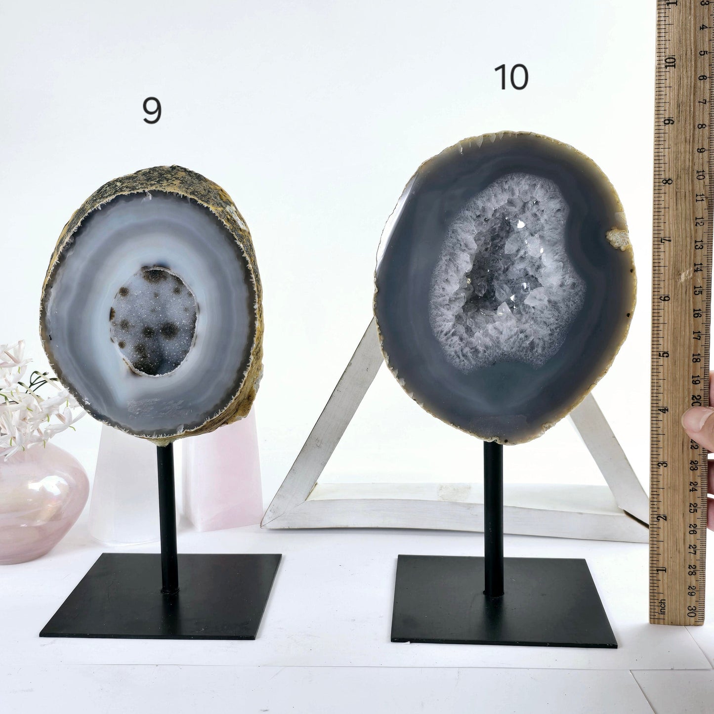Agate Natural Crystal Geode Half on Stand - You Choose #3 variants 9 and 10 labeled with ruler for size reference