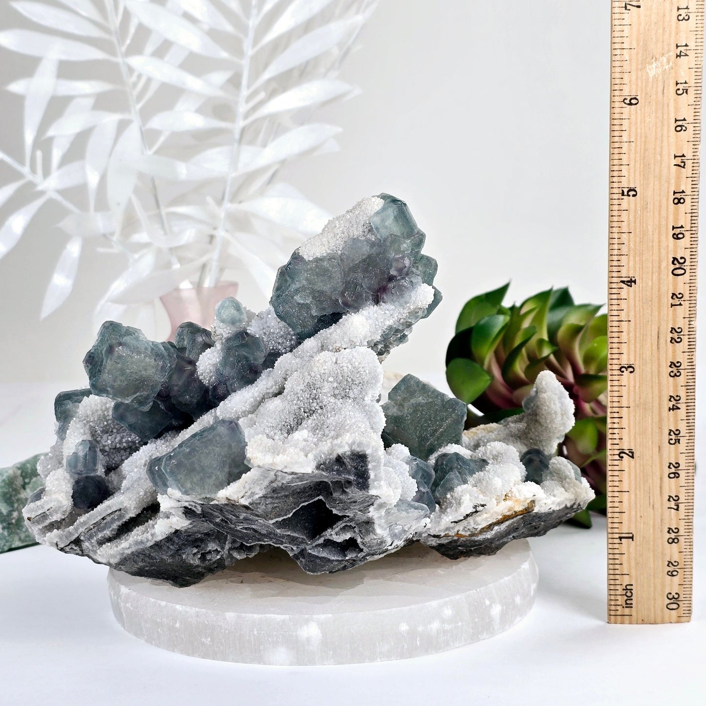 Cubic Green Fluorite on Crystal Quartz Matrix - Rare Find - One-of-a-Kind front view with ruler for size reference