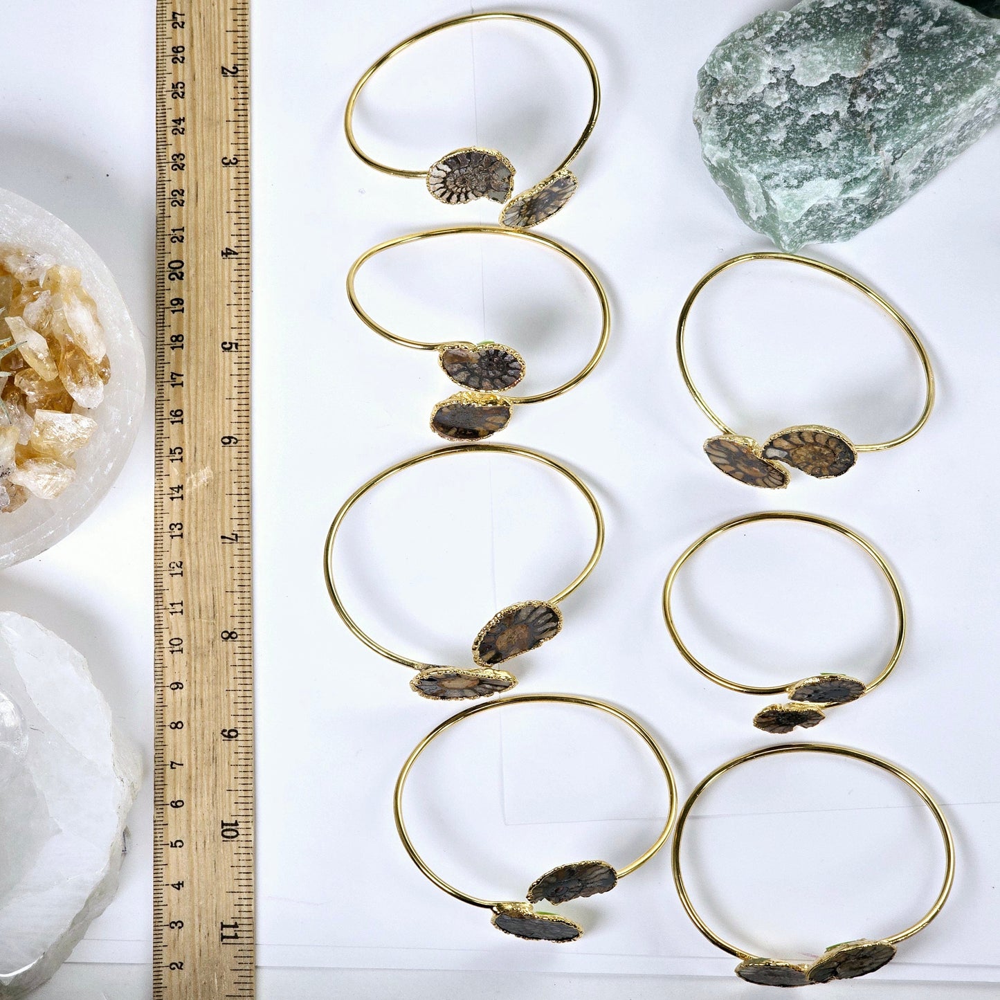 Ammonite with Hematite Pair Bracelet - Gold Fill Fossil Bangle - You Choose all variants with ruler for size reference