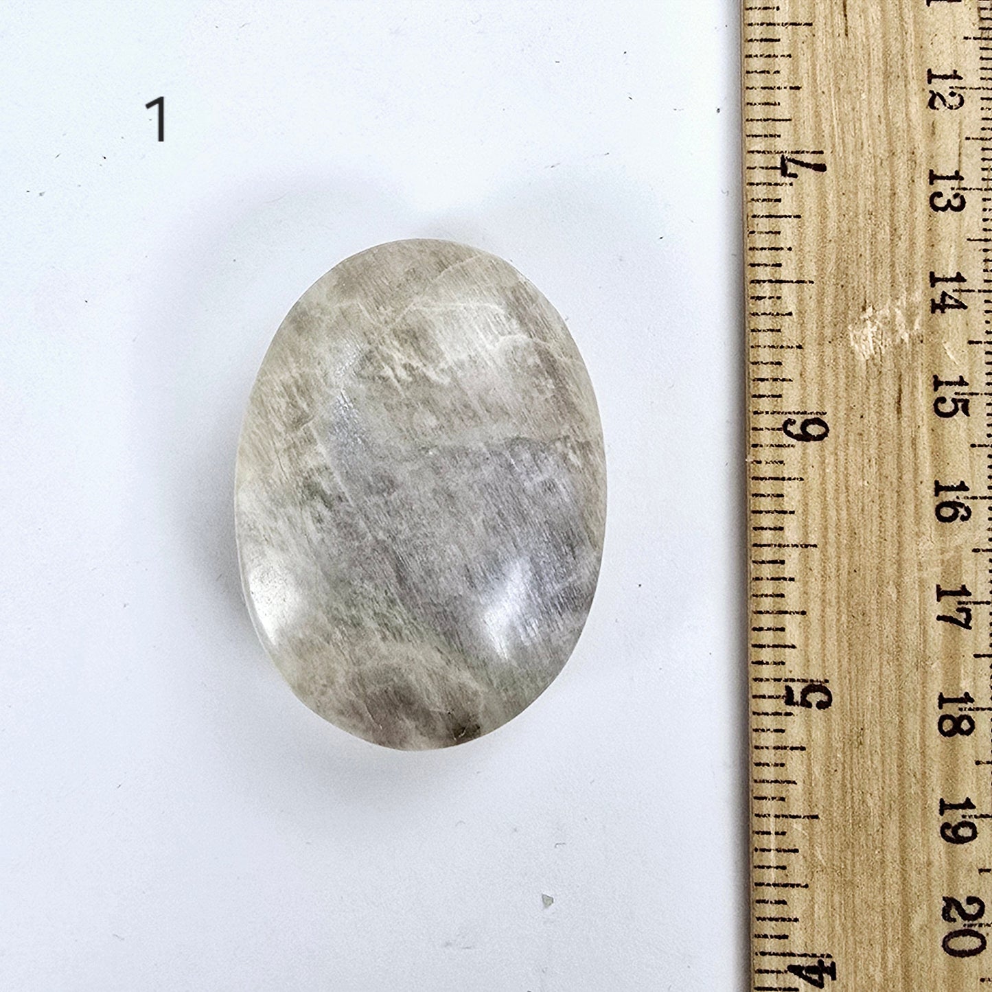 Peach Moonstone Crystal Palm Stone - You Choose variant 1 labeled with ruler for size reference