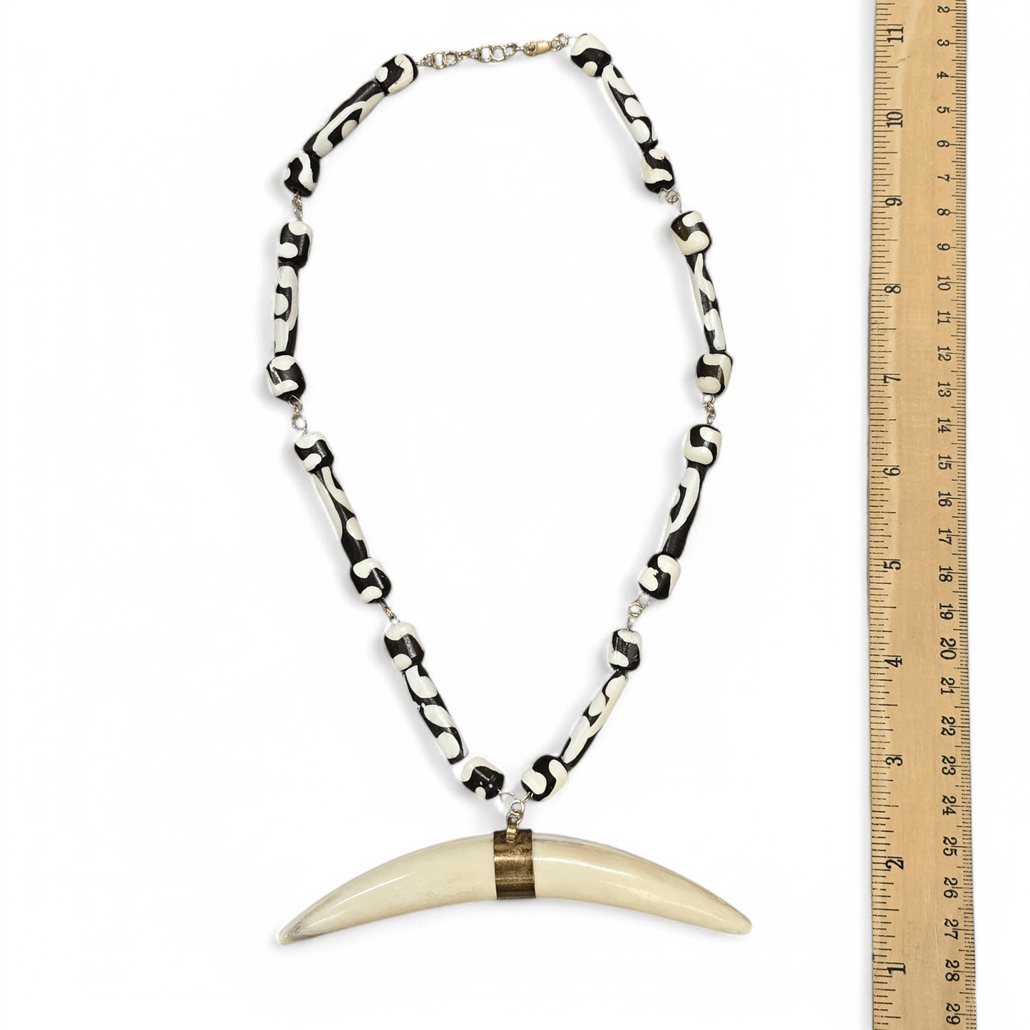 Batik Bone Beaded Gold Fill Necklace with Brass Buffalo Bone Pendant - Fair Trade from Africa and Nepal - Handmade with ruler for size reference