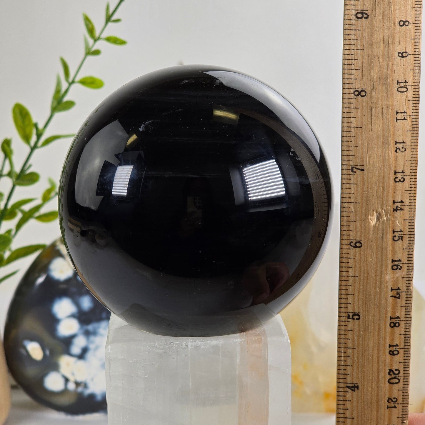 Black Agate Crystal Sphere - One-of-a-Kind front view with ruler for size reference