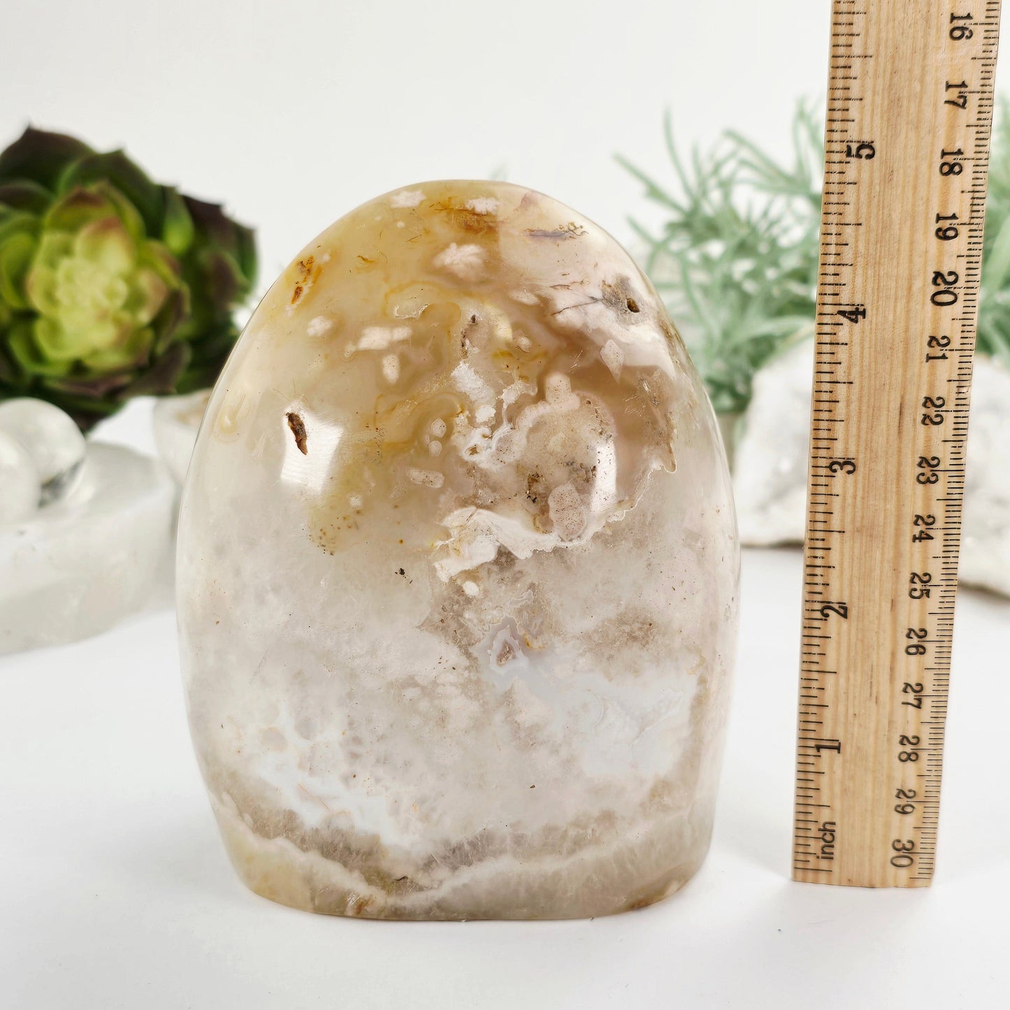 Flower Agate Crystal Cut Base - One-of-a-Kind with ruler for size reference