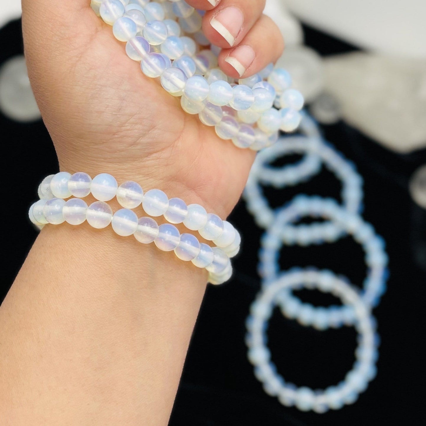 Opalite Round Bead Bracelets - 2 worn on a wrist