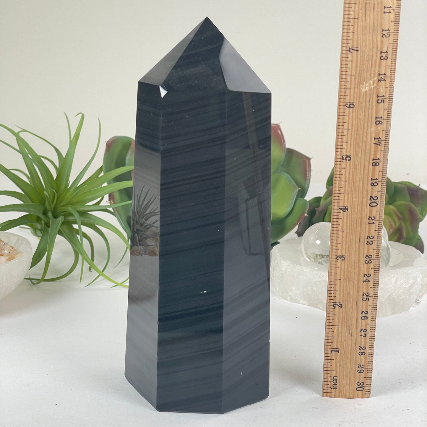 Silver Sheen Obsidian Crystal Obelisk - One-of-a-Kind with ruler for size reference