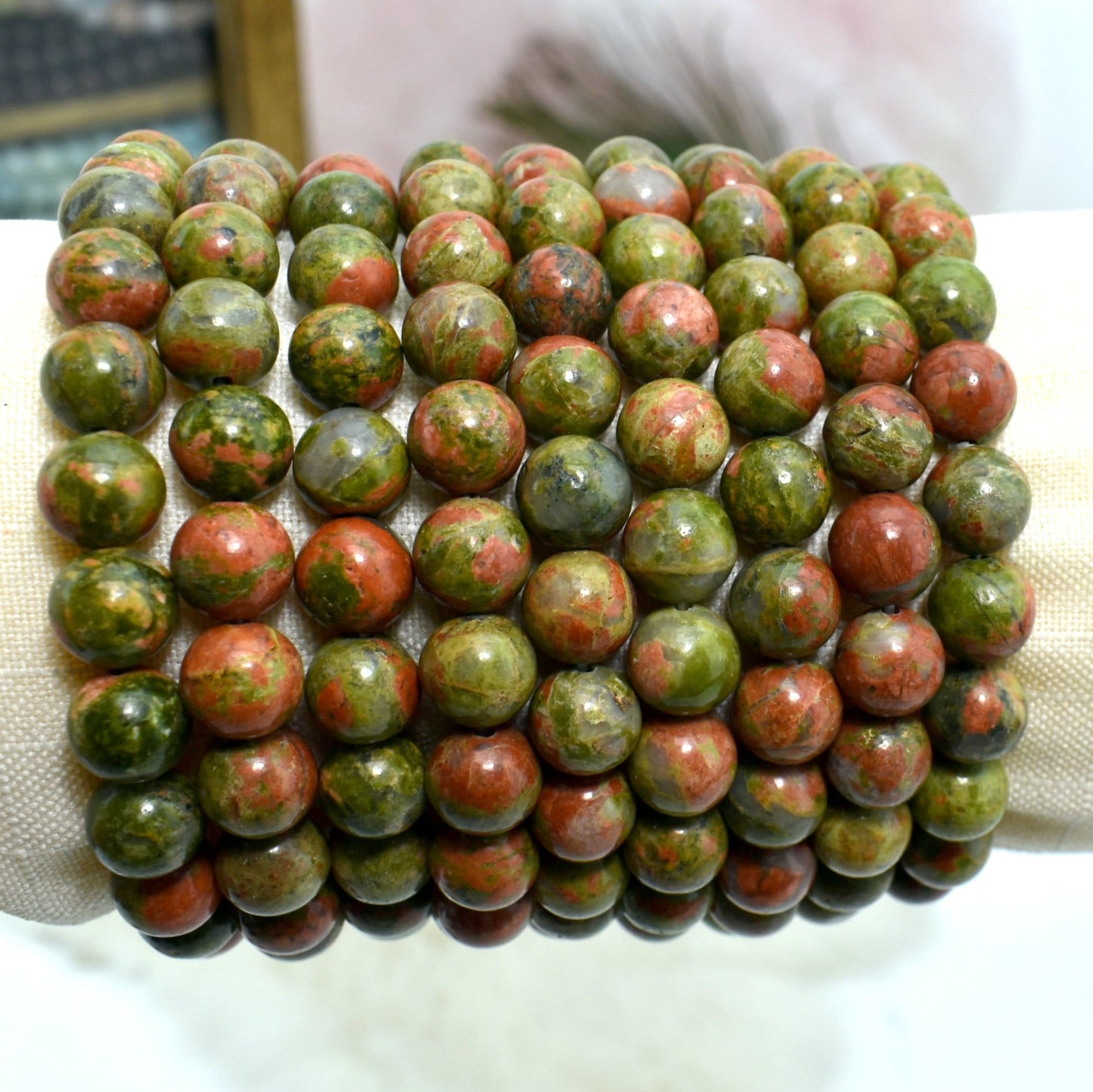 9 Unakite Round Bead Bracelets