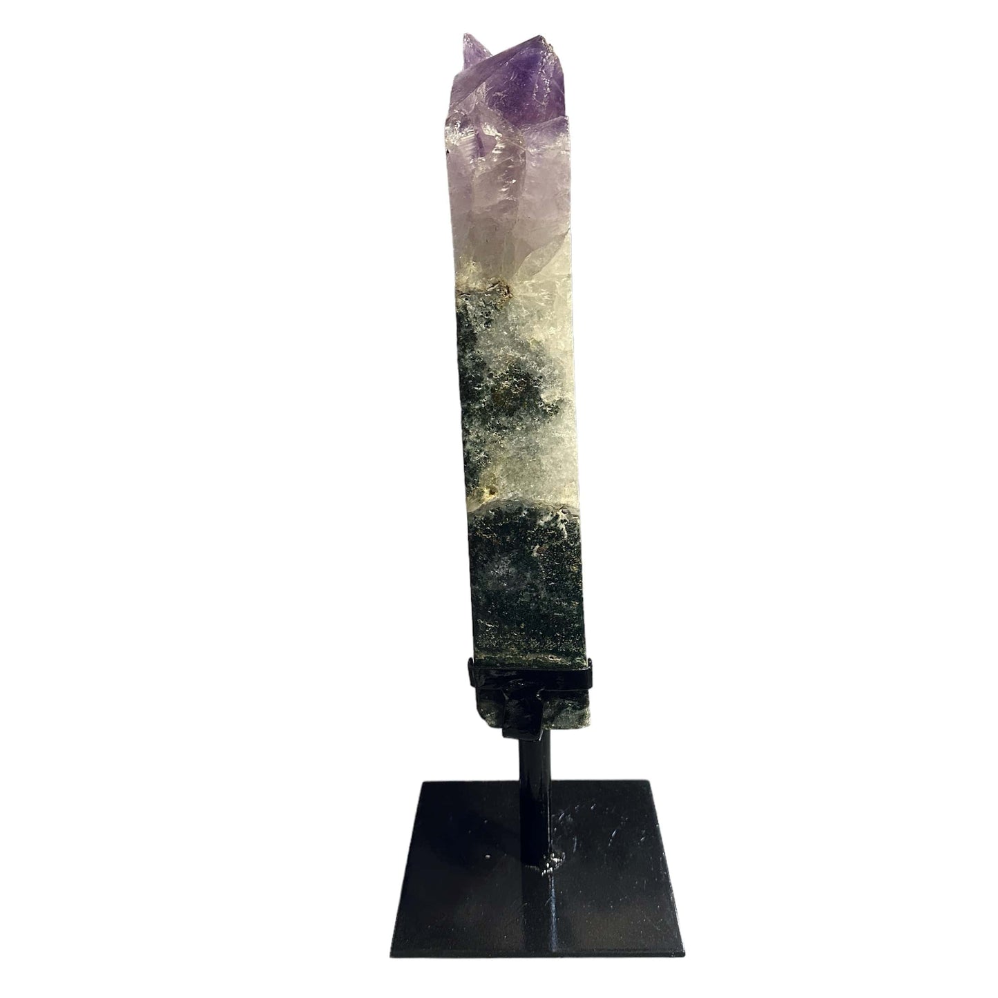 amethyst with jasper on metal stand on white background