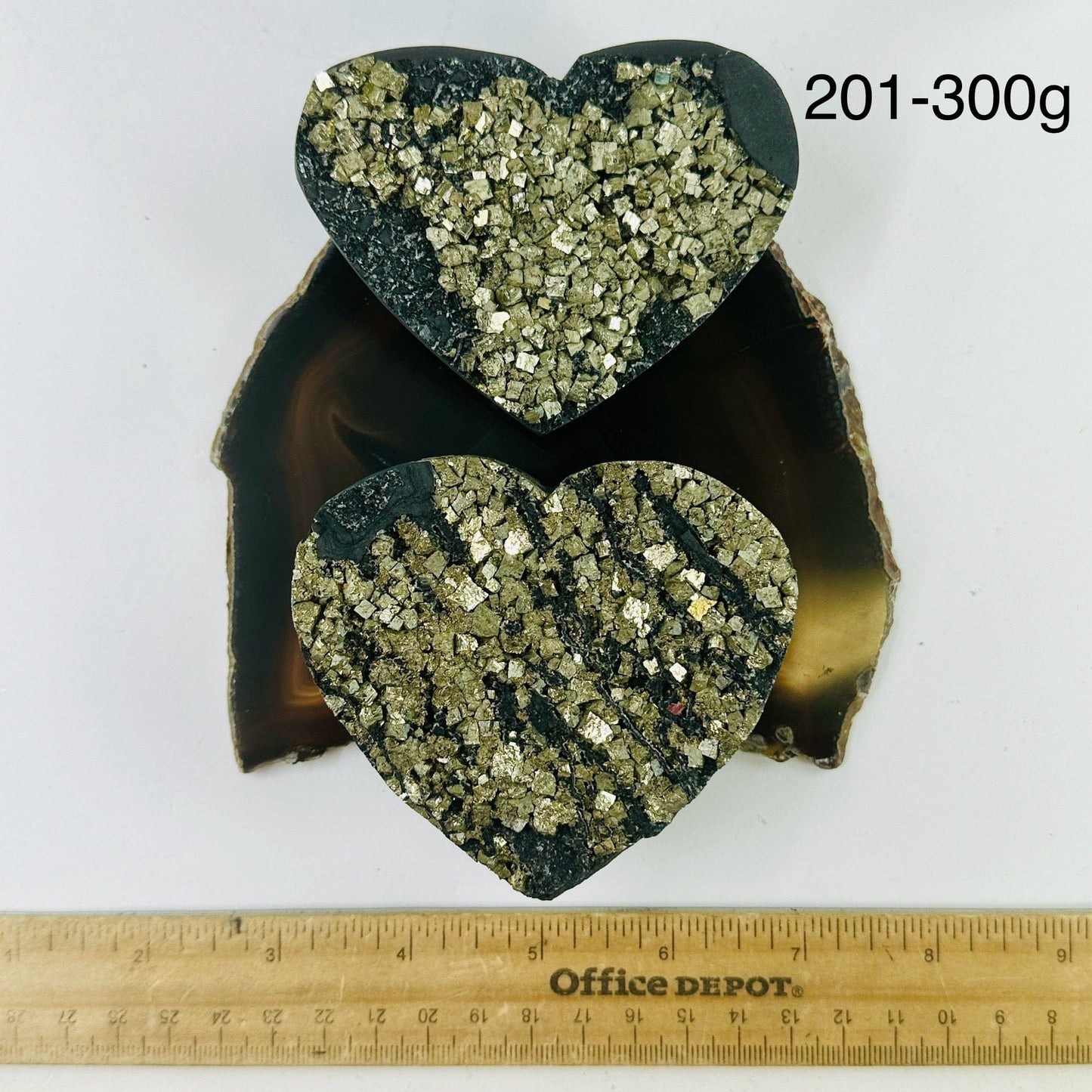Pyrite on Basalt Hearts - By Weight 201-300g variants on agate slice with ruler for size reference