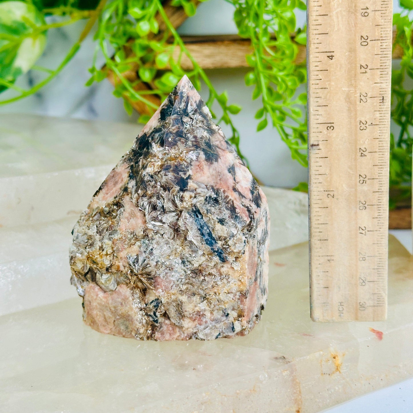 Feldspar with Black Tourmaline and Mica - Semi-Polished Crystal Point - OOAK front view with ruler for size reference