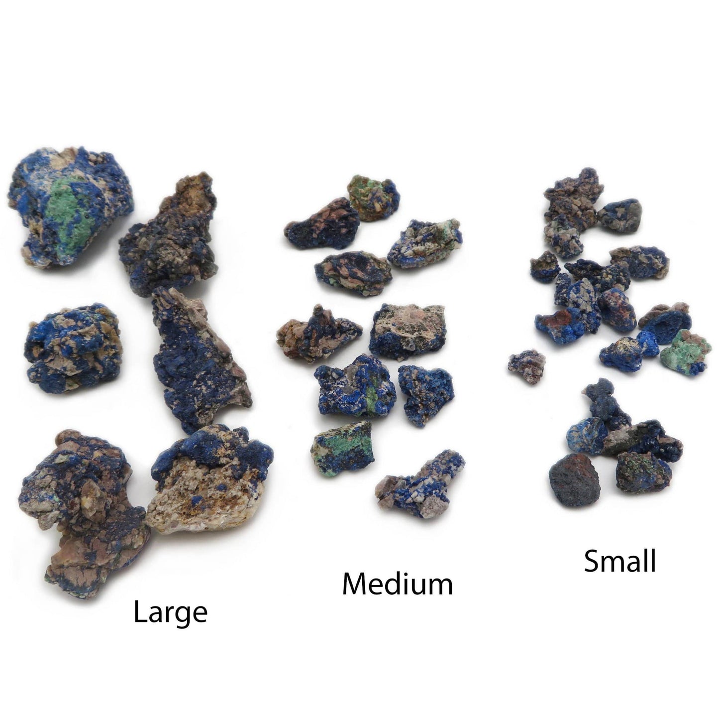 multiple azurite pieces displayed to show the differences in the sizes