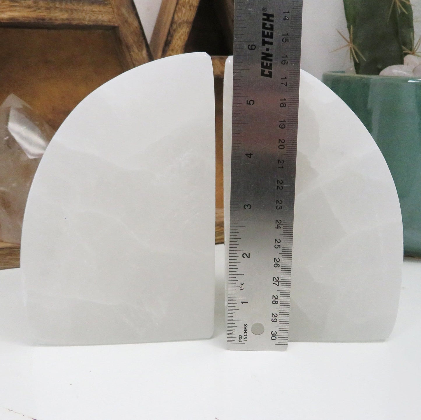 selenite book ends with ruler for size reference