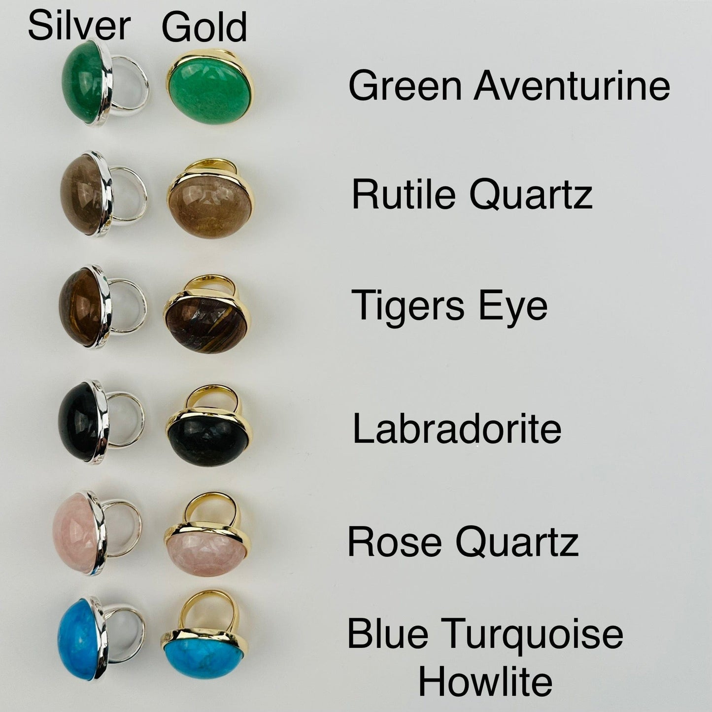 rings displayed next to their crystal name