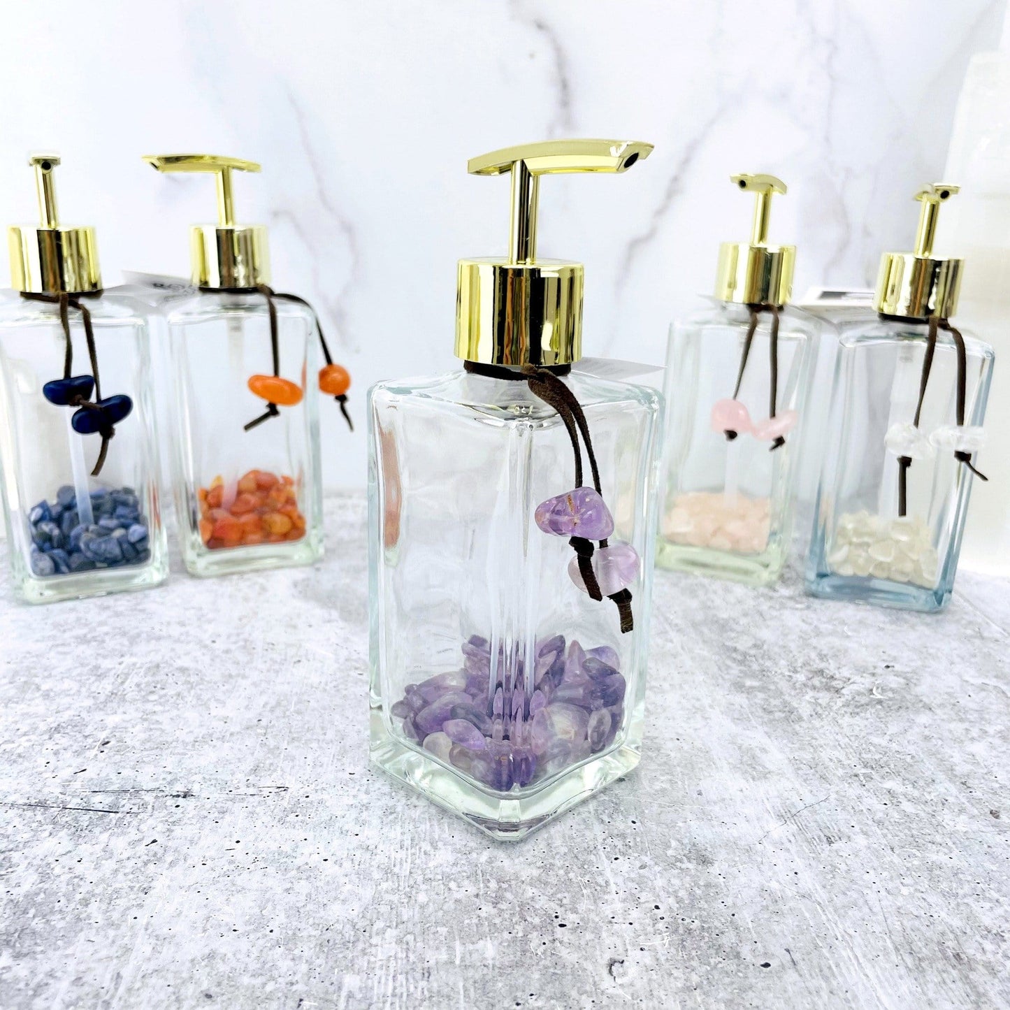 Amethyst tumbled stone soap dispenser up close