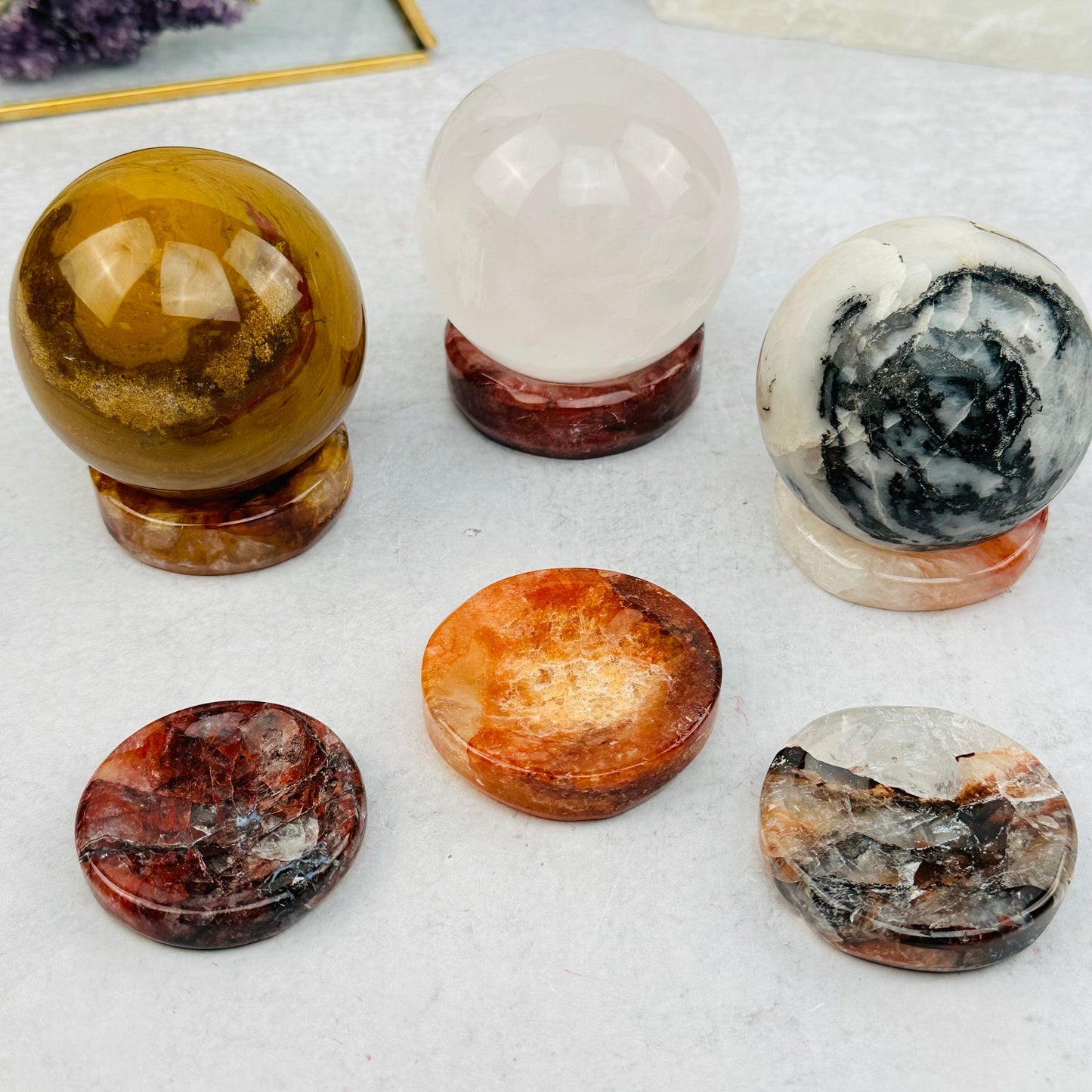 Fire Quartz Sphere Stands with and without spheres