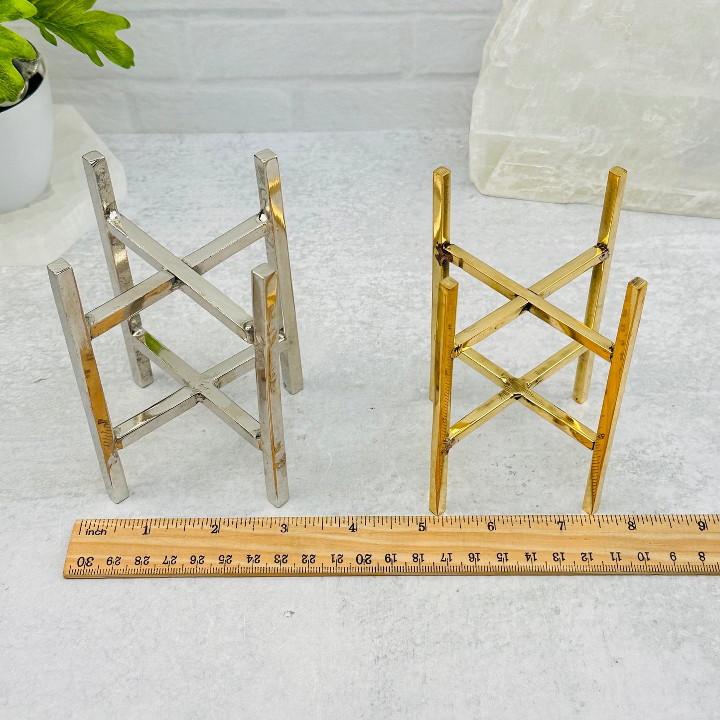 Crystal Sphere Stand - 4 Legged - Choose Gold Brass or Silver Aluminum next to a ruler for size reference