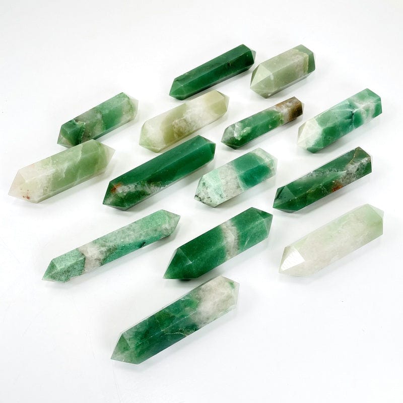 side angle of multiple green and white quartz double terminated points