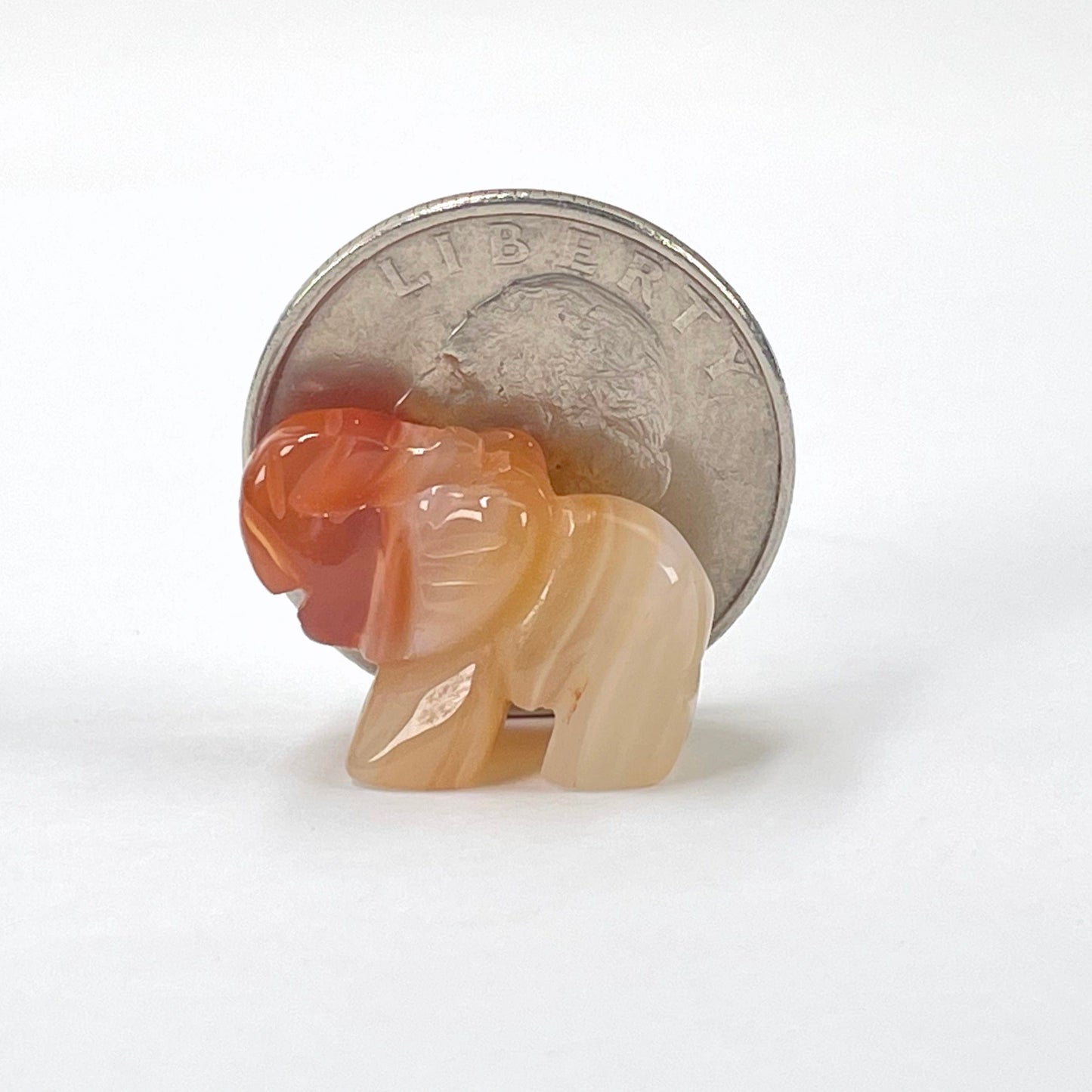 close up of gemstone elephant with quarter for size reference