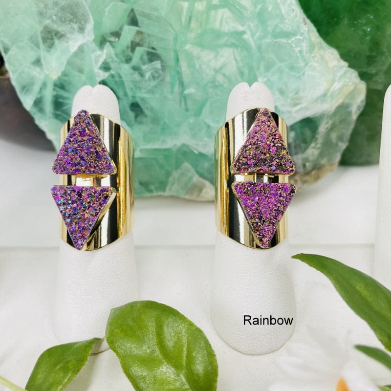 Double Triangle Druzy Ring - Adjustable Cigar Band - Gold or Silver Finish