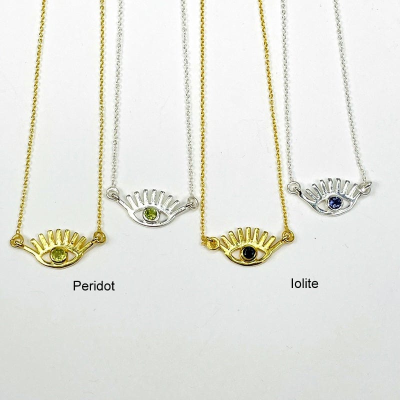 evil eye necklace in silver and gold available in peridot and iolite