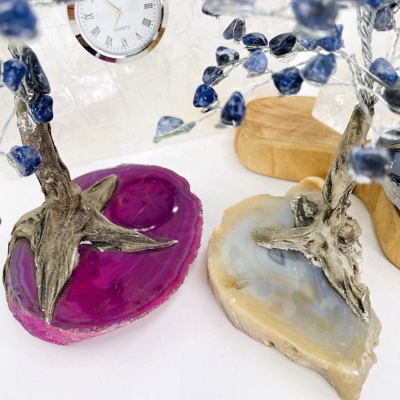 close up of the details on the pink and natural agate bases