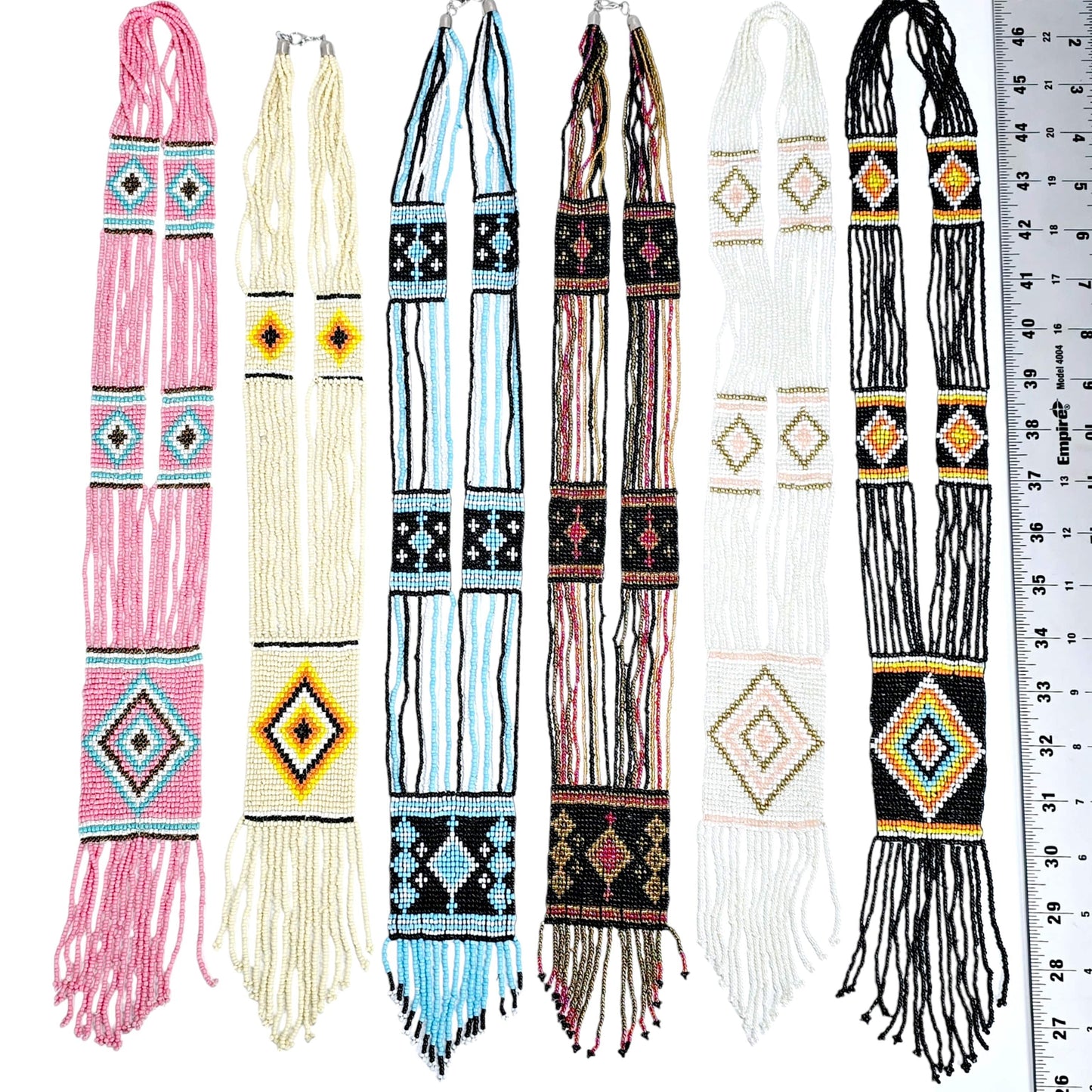 Seed Bead Necklace - Multi Strand with Woven Diamond Shapes on Rectangular Panels - You Choose Style all variants with ruler for size reference
