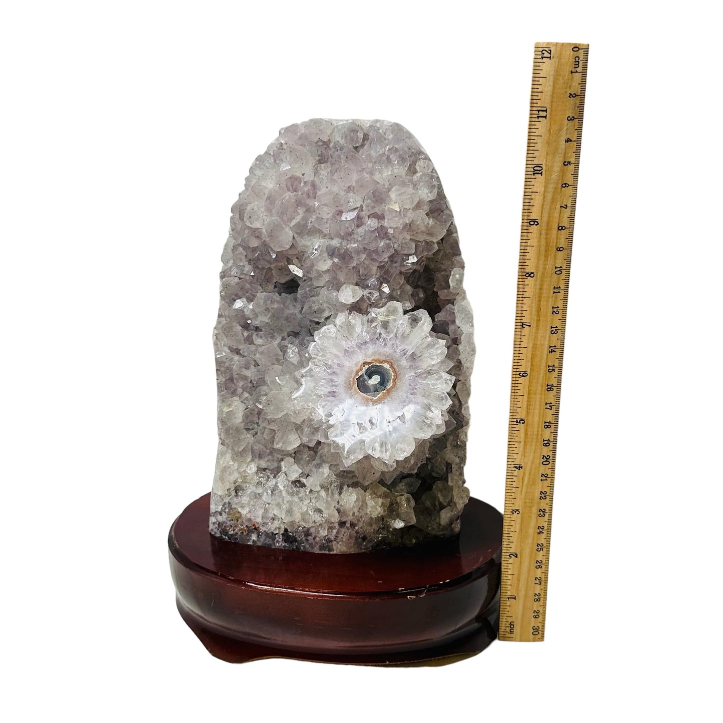 Amethyst Crystal Cluster on Wooden Base - Stalactite Flower - next to a ruler for size reference