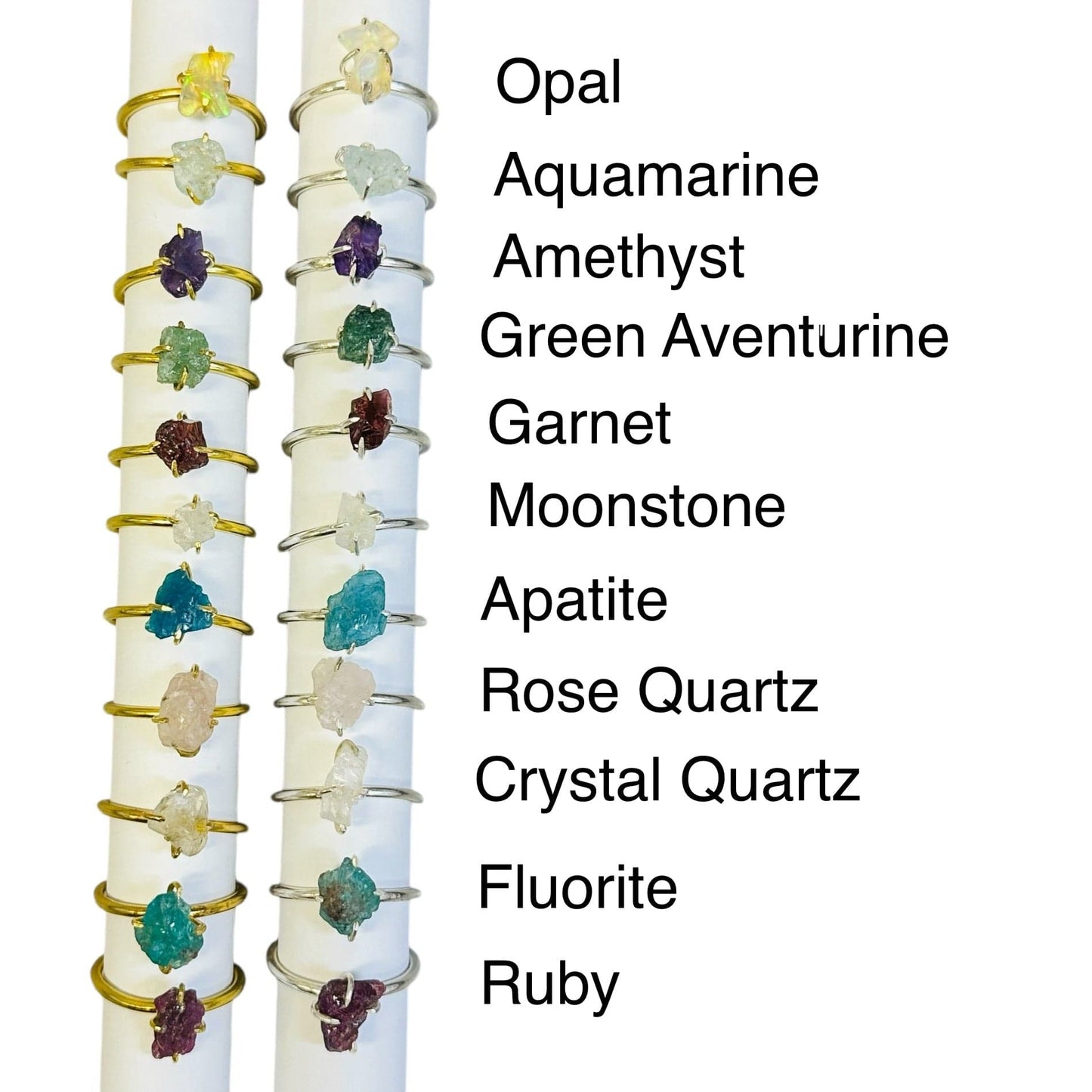 gemstone rings next to their crystal name