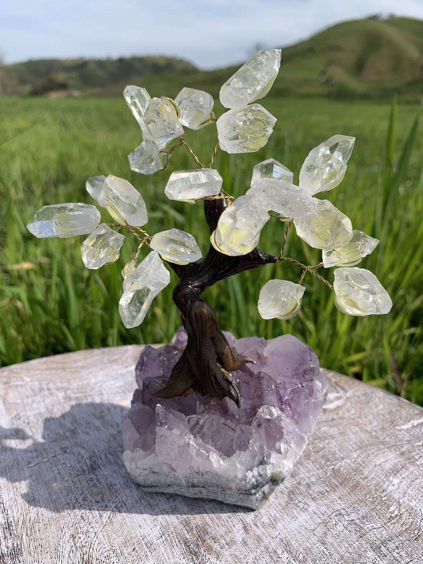 amethyst base tree with crystal quartz clusters